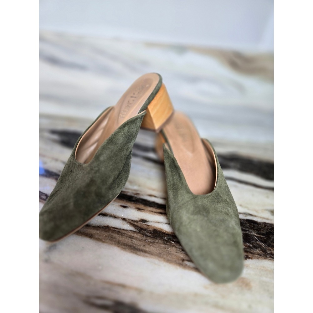 James Smith Cafe Society Olive Green Suede Wooden Block Heel Mules Shoes Size 36
